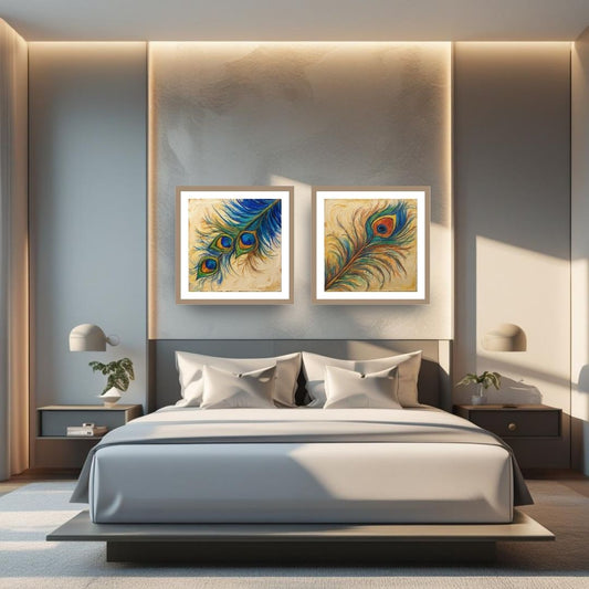 Modern Expressive Diptych Wall Art Set (2 framed prints) featuring vibrant, abstract Peacock Feathers in painterly strokes of Electric Blue, Teal, Orange, and Yellow. Ideal Bohemian, Eclectic, or Colorful Bedroom Decor.
