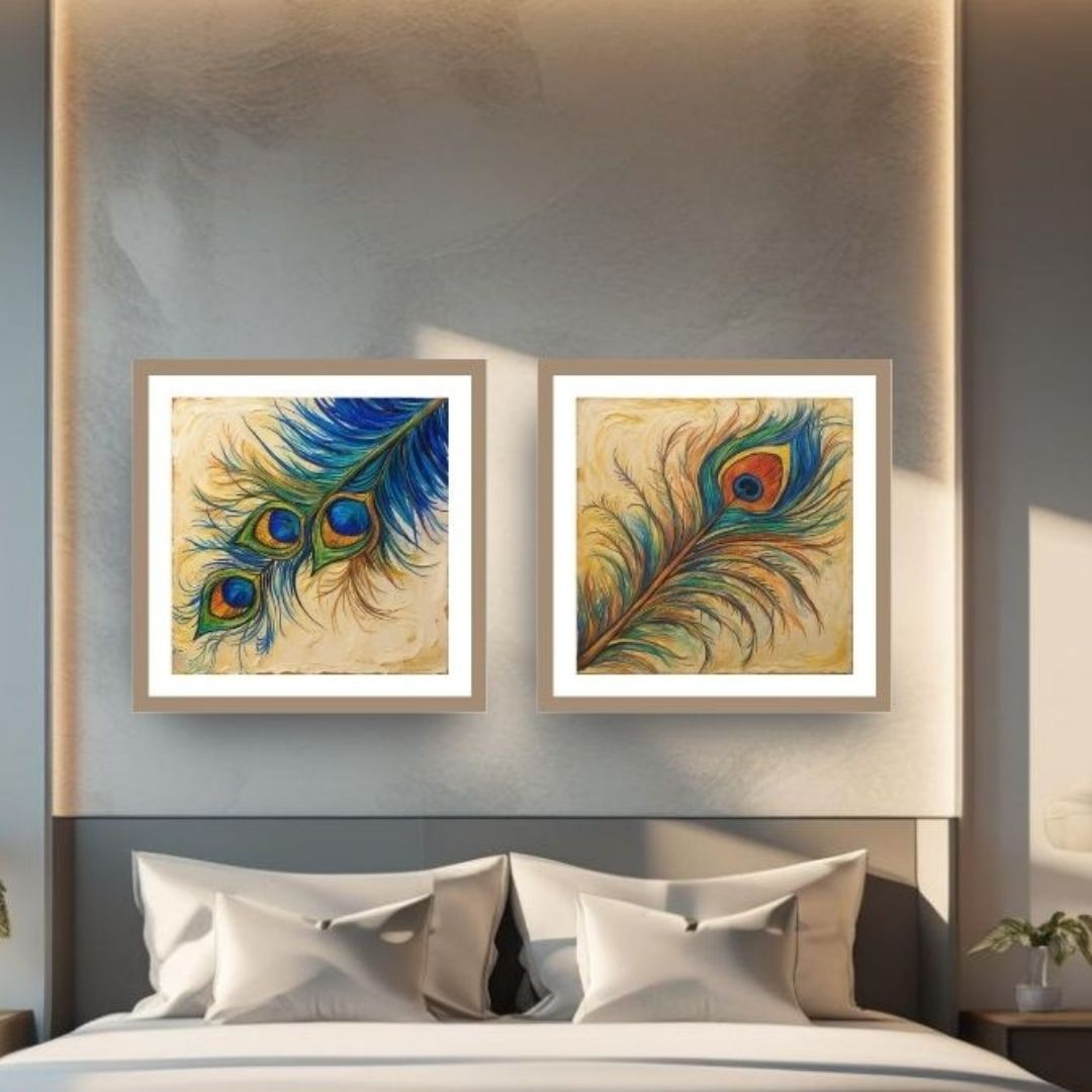 Modern Expressive Diptych Wall Art Set (2   framed prints) featuring vibrant, abstract Peacock Feathers in painterly strokes of Electric Blue, Teal, Orange, and Yellow. Ideal Bohemian, Eclectic, or Colorful Bedroom Decor.