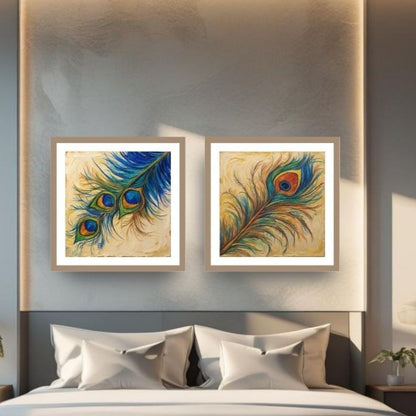 Modern Expressive Diptych Wall Art Set (2   framed prints) featuring vibrant, abstract Peacock Feathers in painterly strokes of Electric Blue, Teal, Orange, and Yellow. Ideal Bohemian, Eclectic, or Colorful Bedroom Decor.