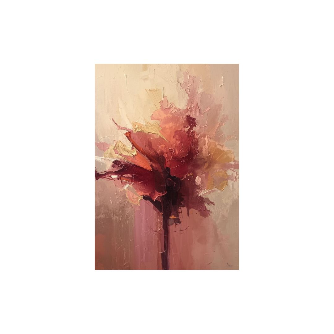 Abstract painting of flowers with warm colors on a beige background