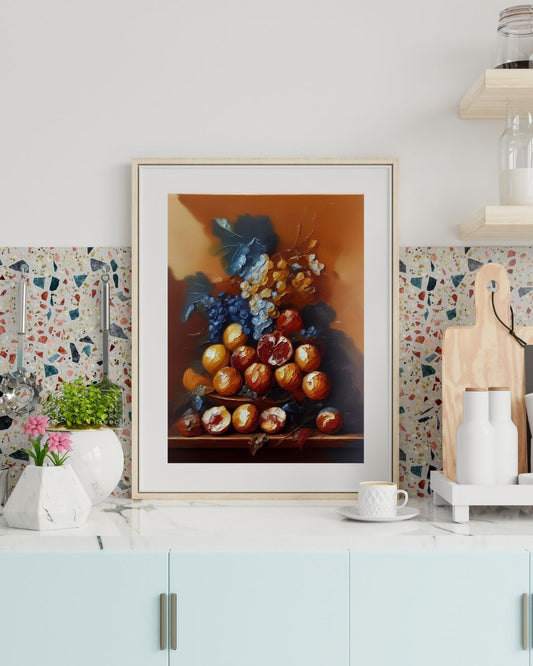 Arrangement of fruits and leaves, wall art frame by wall and more