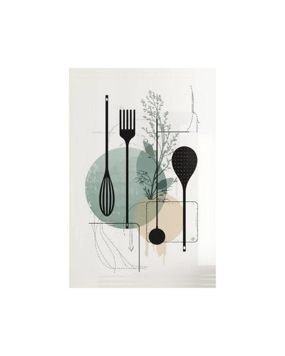 Decorative wall art with kitchen utensils and abstract shapes on a light background