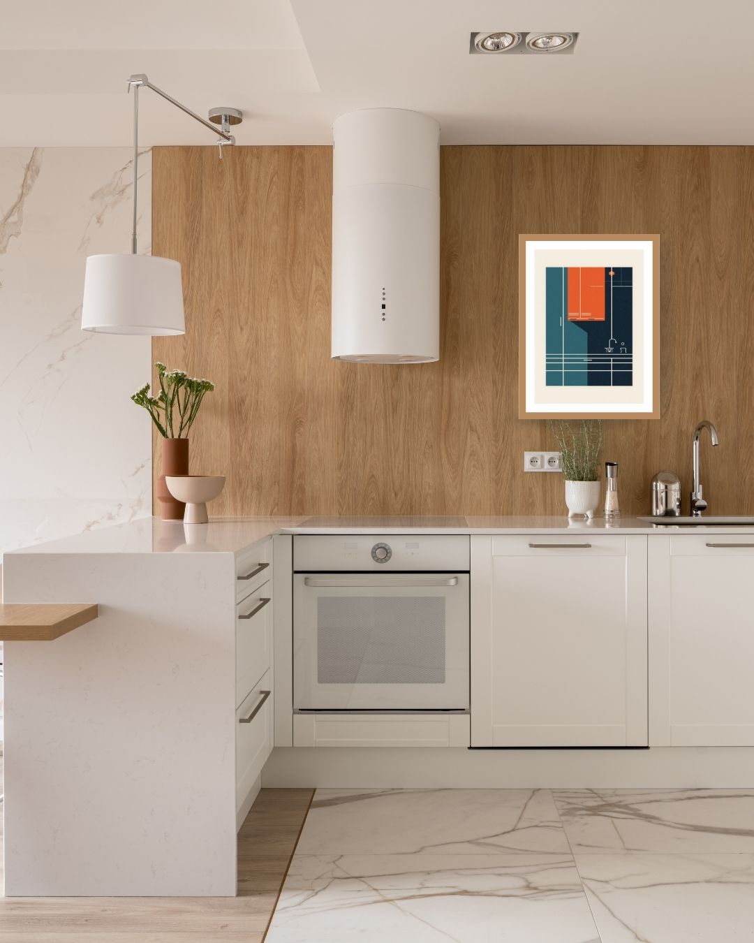 Geometric, abstract interpretation of a modern kitchen interior. Wall art frame by wall and more