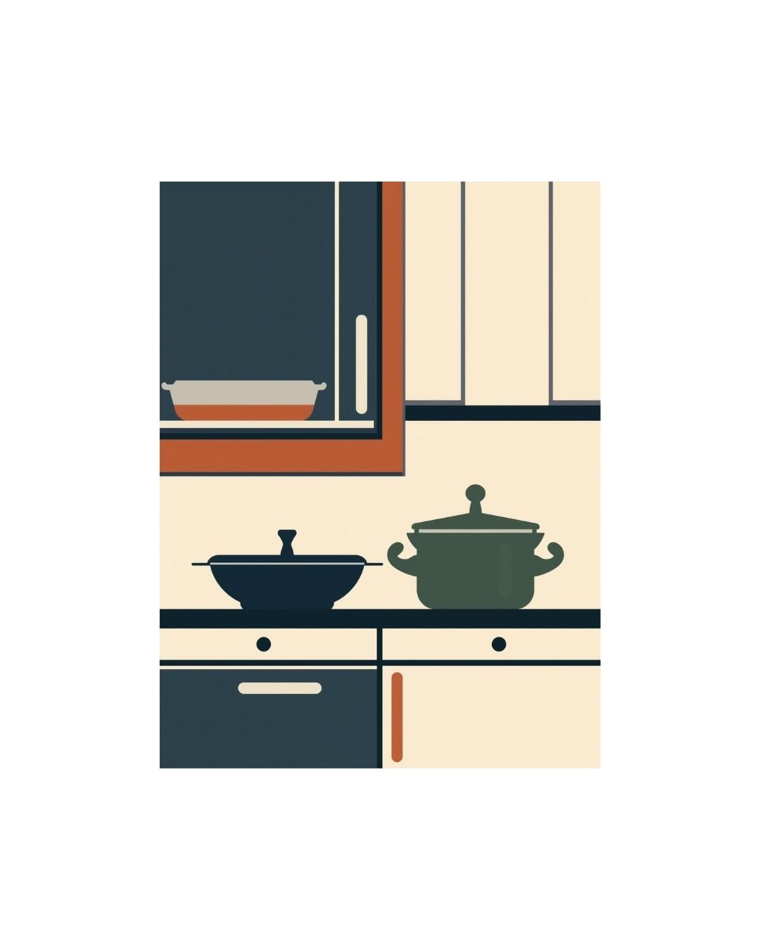 Illustration of a kitchen with cabinets, refrigerator, and pots.
