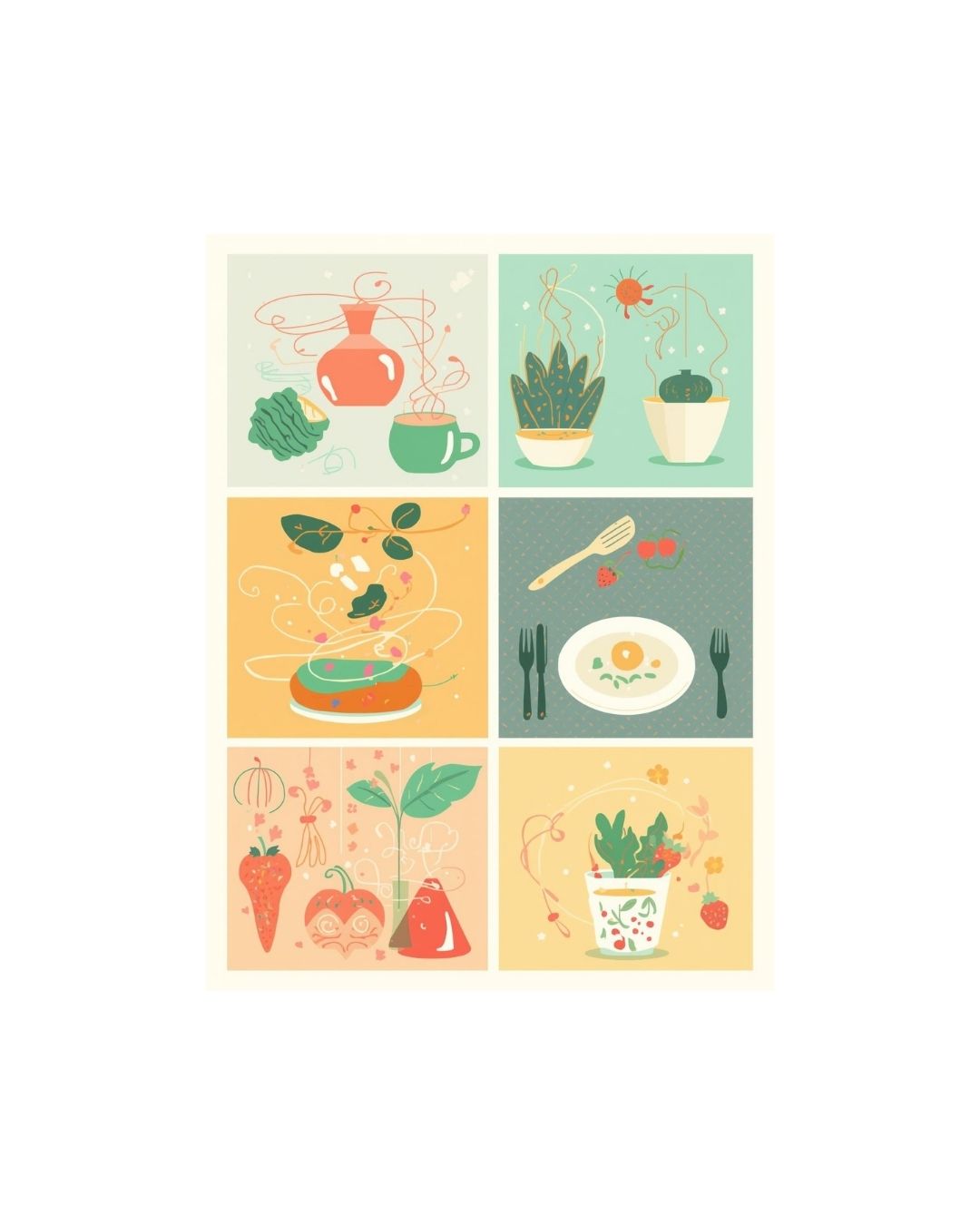 Set of six colorful illustrations of kitchen items and plants on a white background