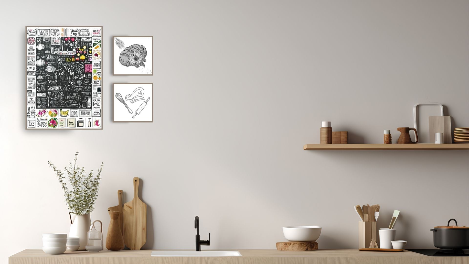 A colorful wall art frame with a kitchen theme displayed on a wall above a kitchen counter, featuring various kitchen illustrations.
