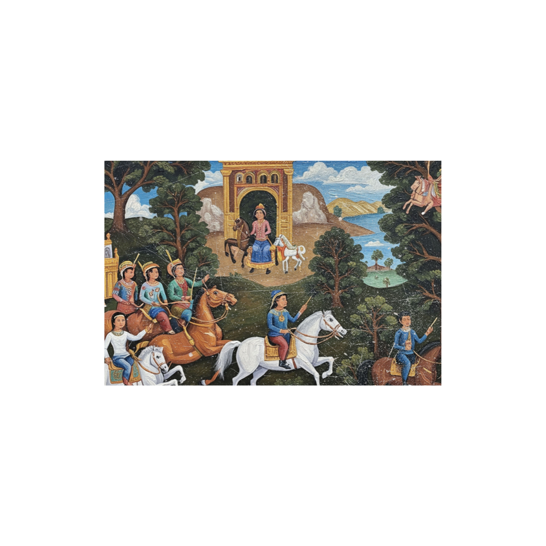 Large horizontal Mughal Narrative Art Canvas showing a Royal Hunting Party on horseback near an arched gate. Ideal Traditional Culture or Historical Art.