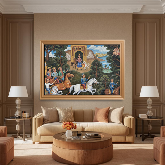 Large horizontal Mughal Narrative Art Framed Canvas showing a Royal Hunting Party on horseback near an arched gate. Ideal Traditional Culture or Historical Art living room wall decor.