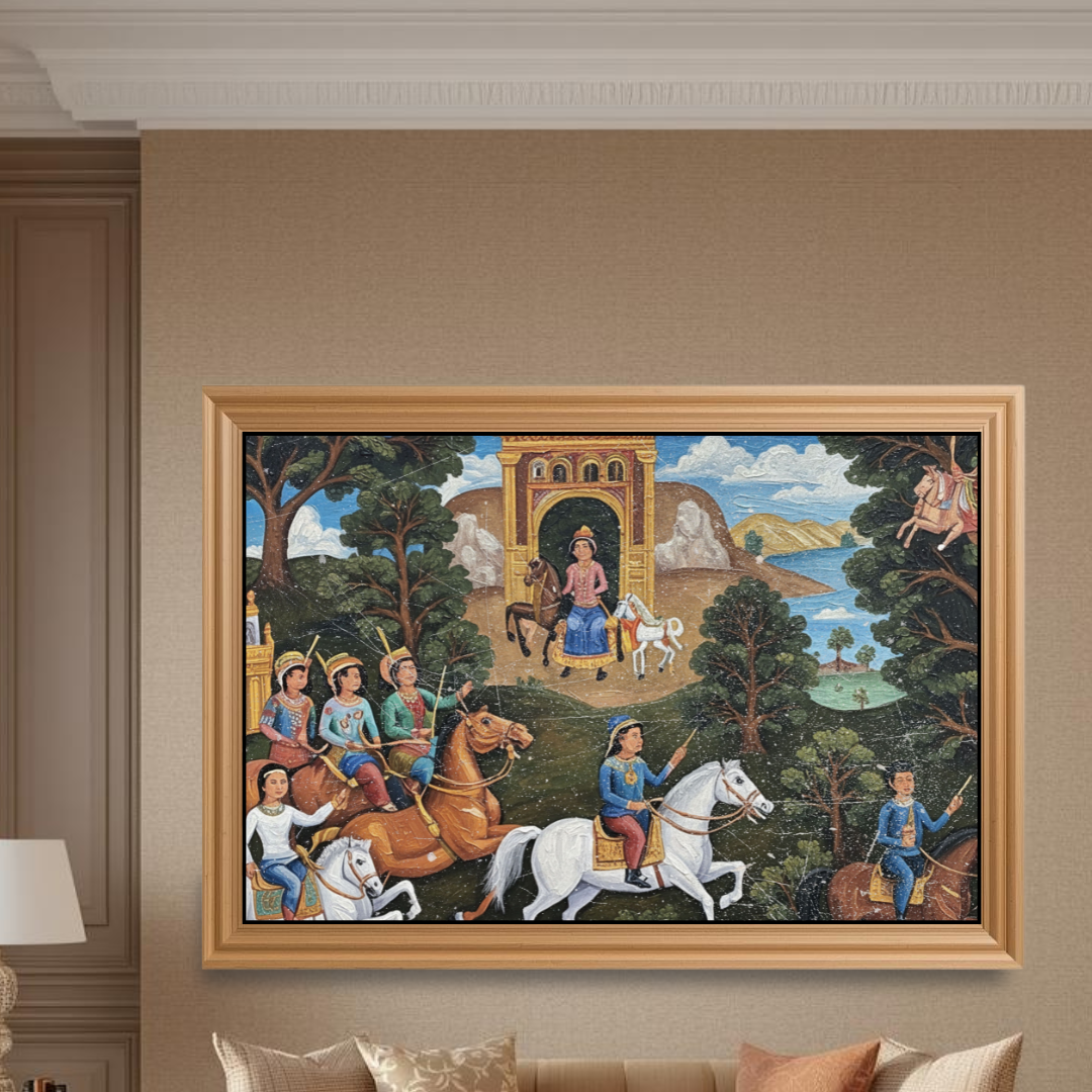 Large horizontal Mughal Narrative Art Framed Canvas showing a Royal Hunting Party on horseback near an arched gate. Ideal Traditional Culture or Historical Art living room wall decor.