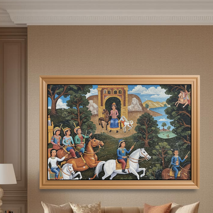 Large horizontal Mughal Narrative Art Framed Canvas showing a Royal Hunting Party on horseback near an arched gate. Ideal Traditional Culture or Historical Art living room wall decor.