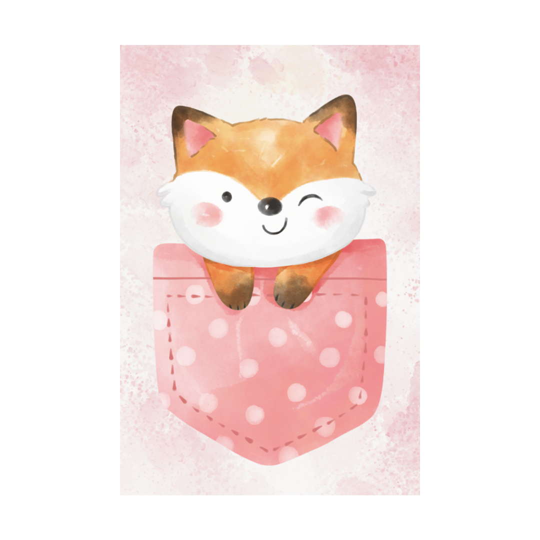 Cute fox out of a pink pocket, wall art frame
