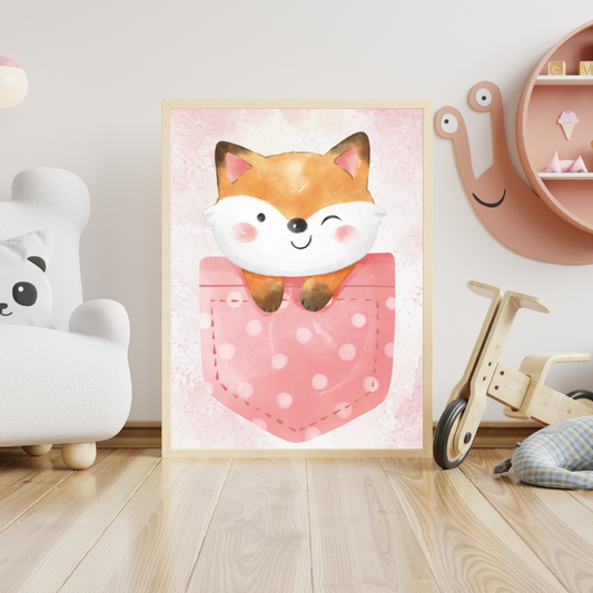Cute fox out of a pink pocket, wall art frame by wall and more