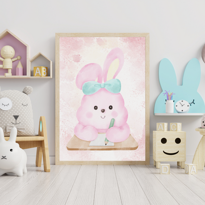 Pink bunny rabbit sitting at a desk, wall art frame by wall and more