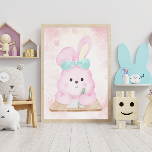 Pink bunny rabbit sitting at a desk, wall art frame by wall and more