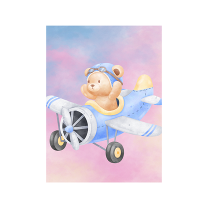 Cute teddy bear flying a small blue airplane, wall art frame