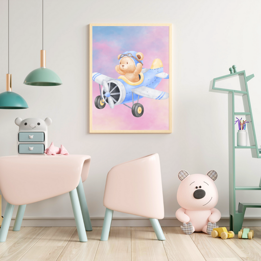 Cute teddy bear flying a small blue airplane, wall art frame by wall and more