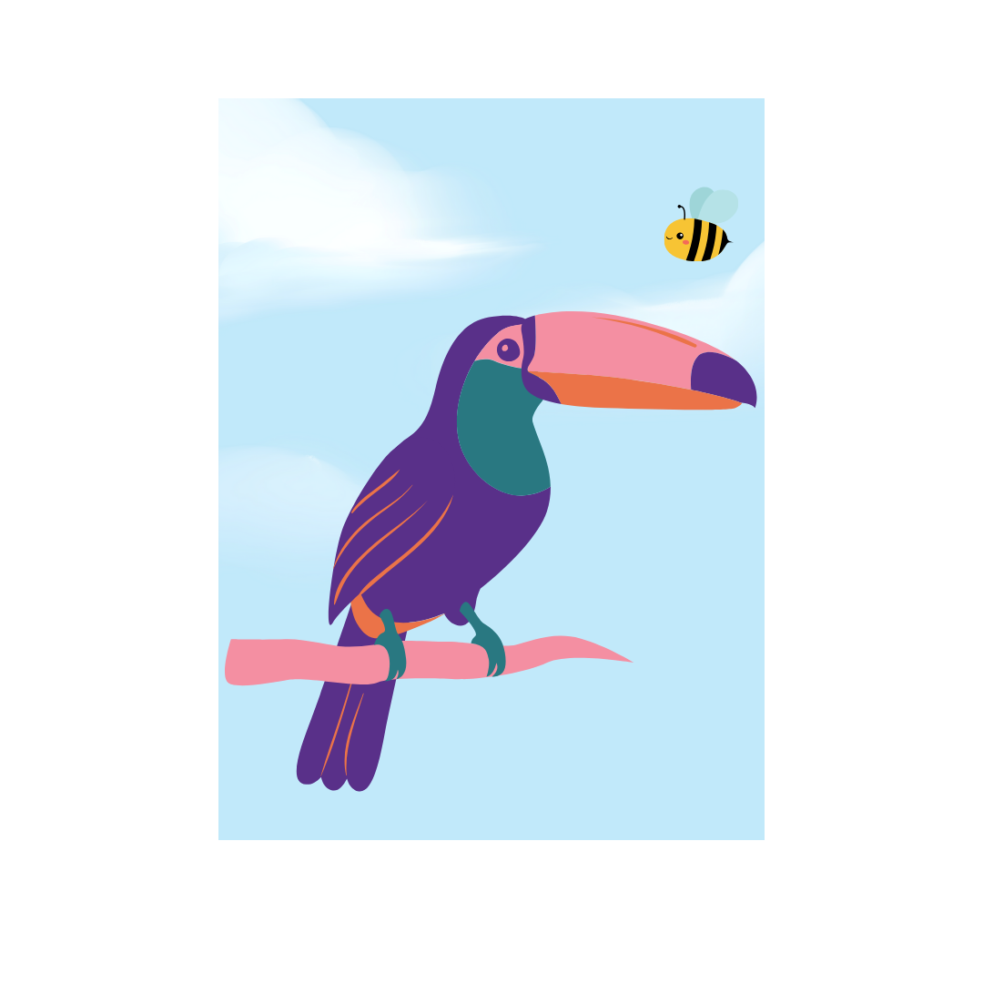 Colorful toucan and a bee, wall art frame