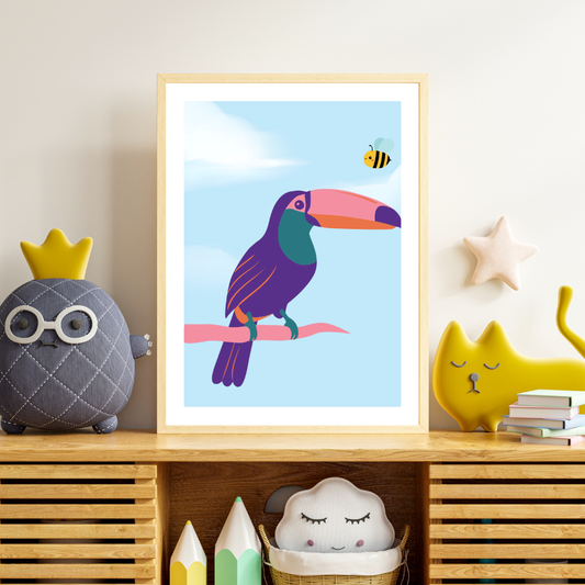 Colorful toucan and a bee, wall art frame by wall and more