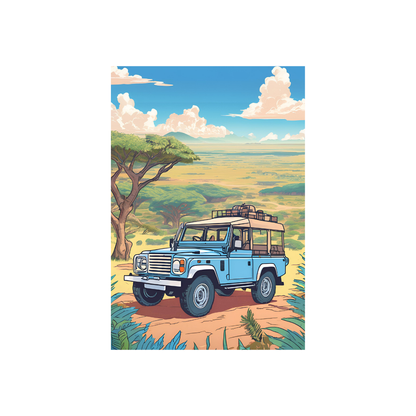 Safari Adventure Wall Art: a blue jeep on the savanna. Ideal Kids Room Decor or Nursery.