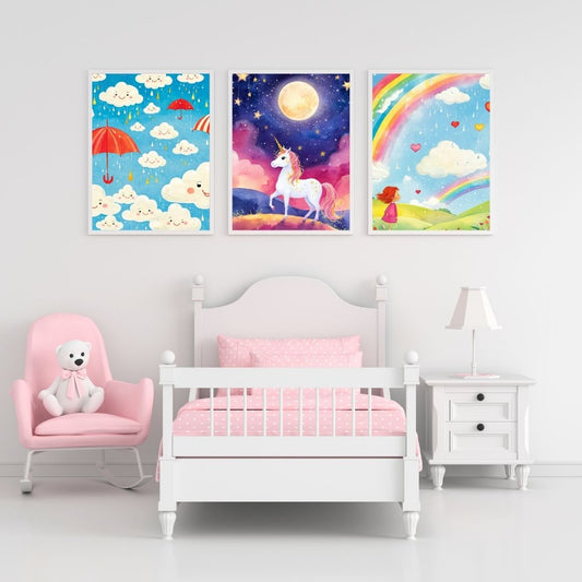 Digital illustration of a happy cloud, rainbow and unicorn. Wall art frames by wall and more