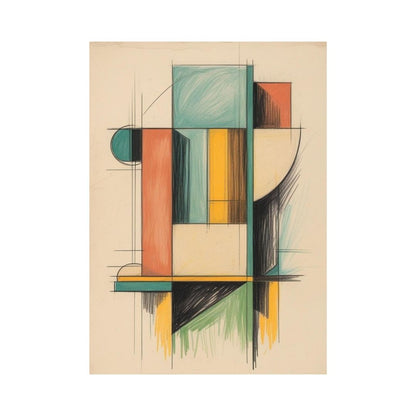 Vertical Bauhaus-Inspired Geometric Abstract art with an expressive, sketch-like quality in Ochre, Terracotta, and Teal colors. Ideal Mid-Century Modern or Contemporary Bedroom Decor.
