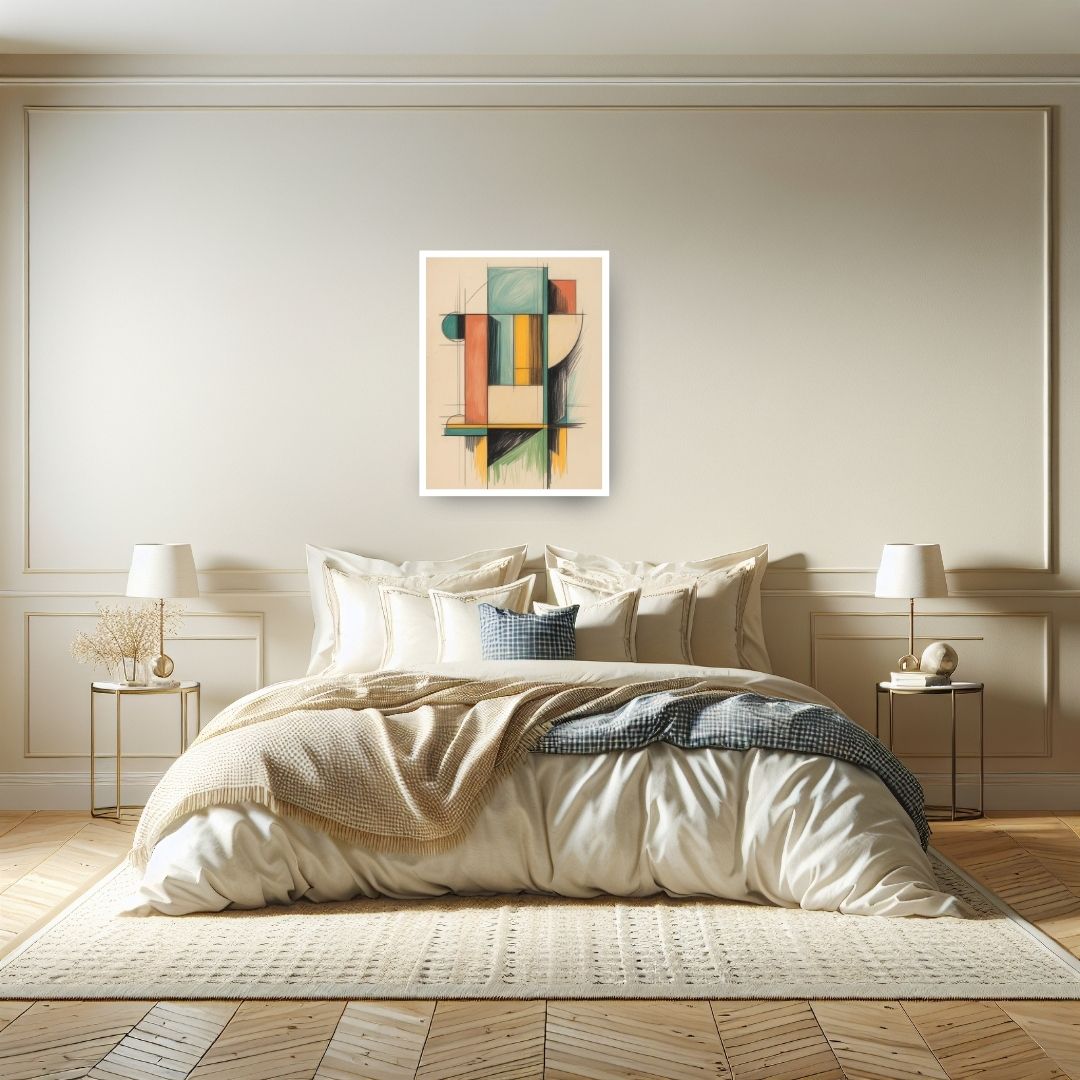 Vertical framed Bauhaus-Inspired Geometric Abstract print with an expressive, sketch-like quality in Ochre, Terracotta, and Teal colors. Ideal Mid-Century Modern or Contemporary Bedroom Decor.