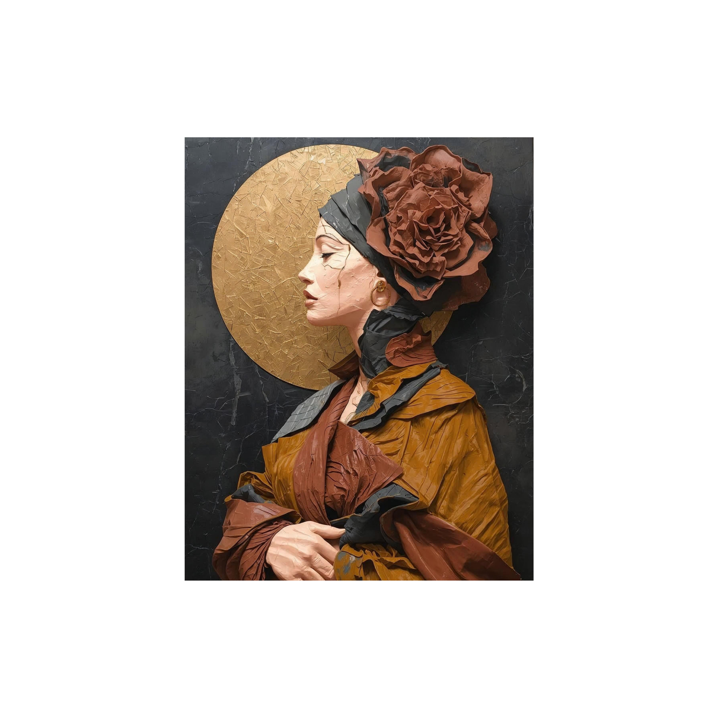 Artistic depiction of a person with a flower in their hair against a dark background with a gold circle.