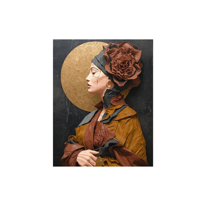 Artistic depiction of a person with a flower in their hair against a dark background with a gold circle.