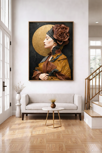 Framed artwork of a woman with a flower in her hair in a living room setting.