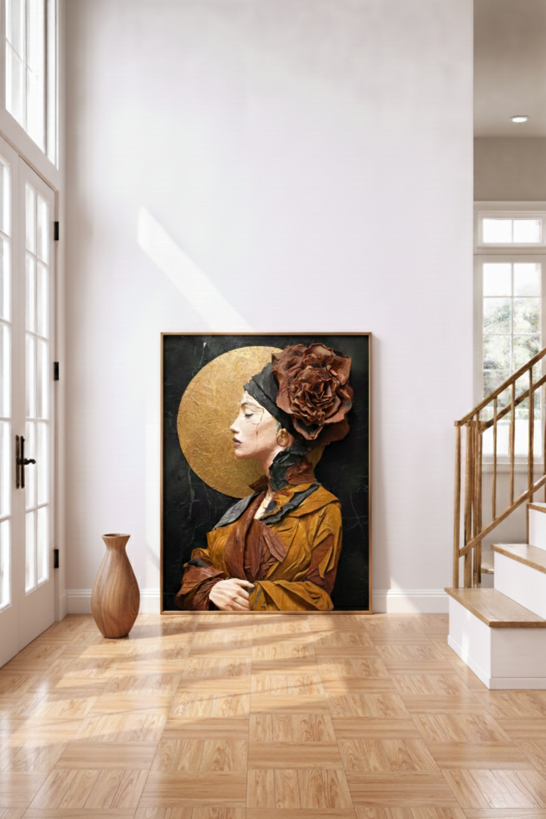 Large painting of a woman with a flower in her hair in a modern home setting.