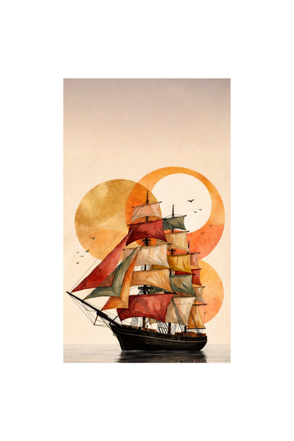 Expedition canvas wall art featuring a tall sailing ship with deep red sails against layered sunset circles in warm amber and ochre tones, printed on vertical premium cotton canvas.