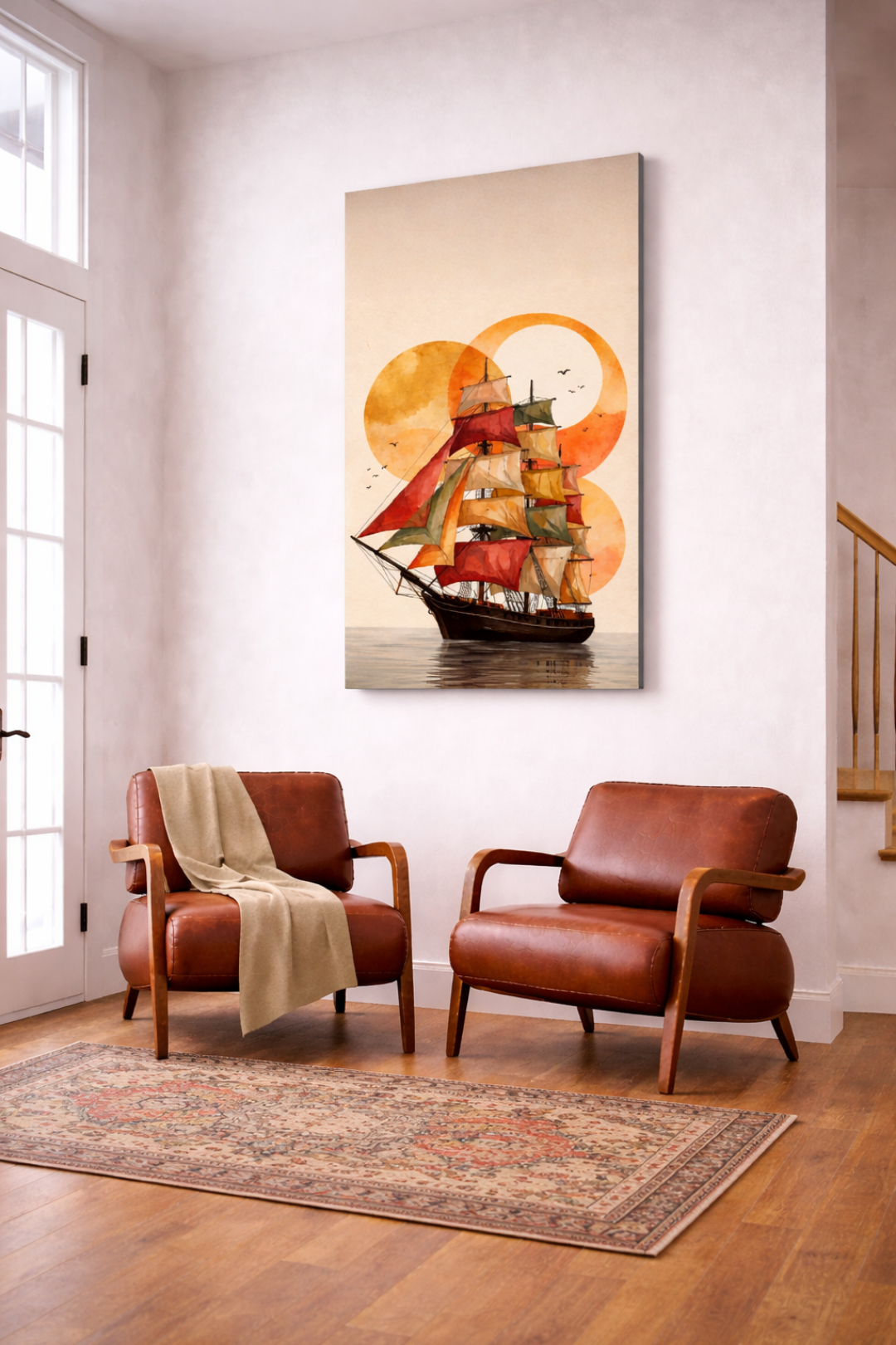 Expedition canvas wall art featuring a tall sailing ship with deep red sails against layered sunset circles in warm amber and ochre tones, printed on vertical premium cotton canvas.