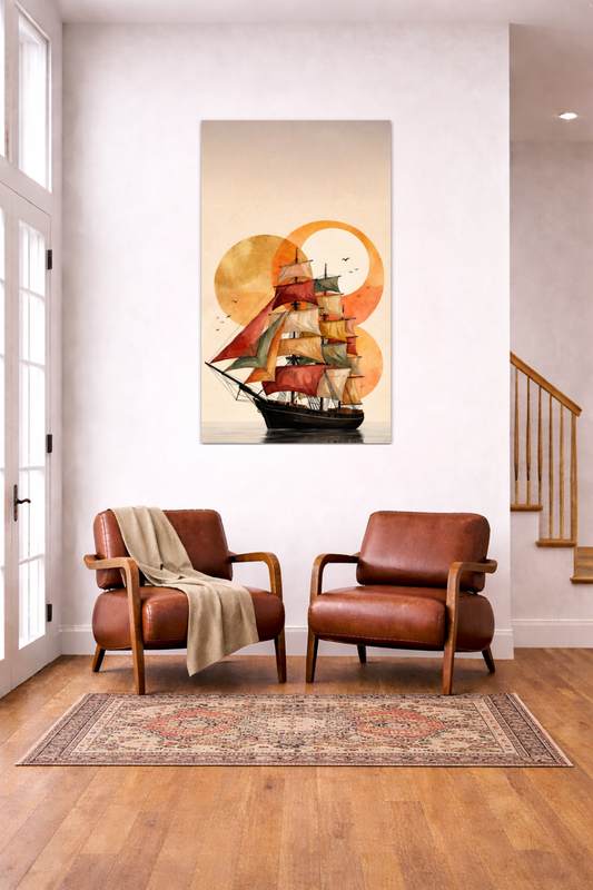 Expedition canvas wall art featuring a tall sailing ship with deep red sails against layered sunset circles in warm amber and ochre tones, printed on vertical premium canvas.