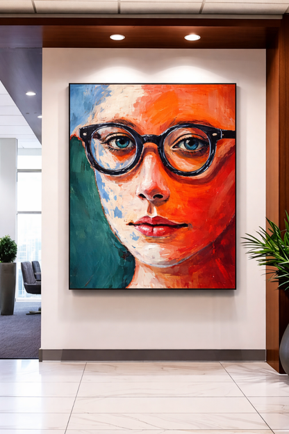 Large abstract portrait canvas wall art featuring a modern face with bold brushstrokes and contrasting colors styled in a living room
