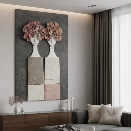 Large figurative floral canvas wall art featuring female forms in soft neutral tones styled in a modern living room