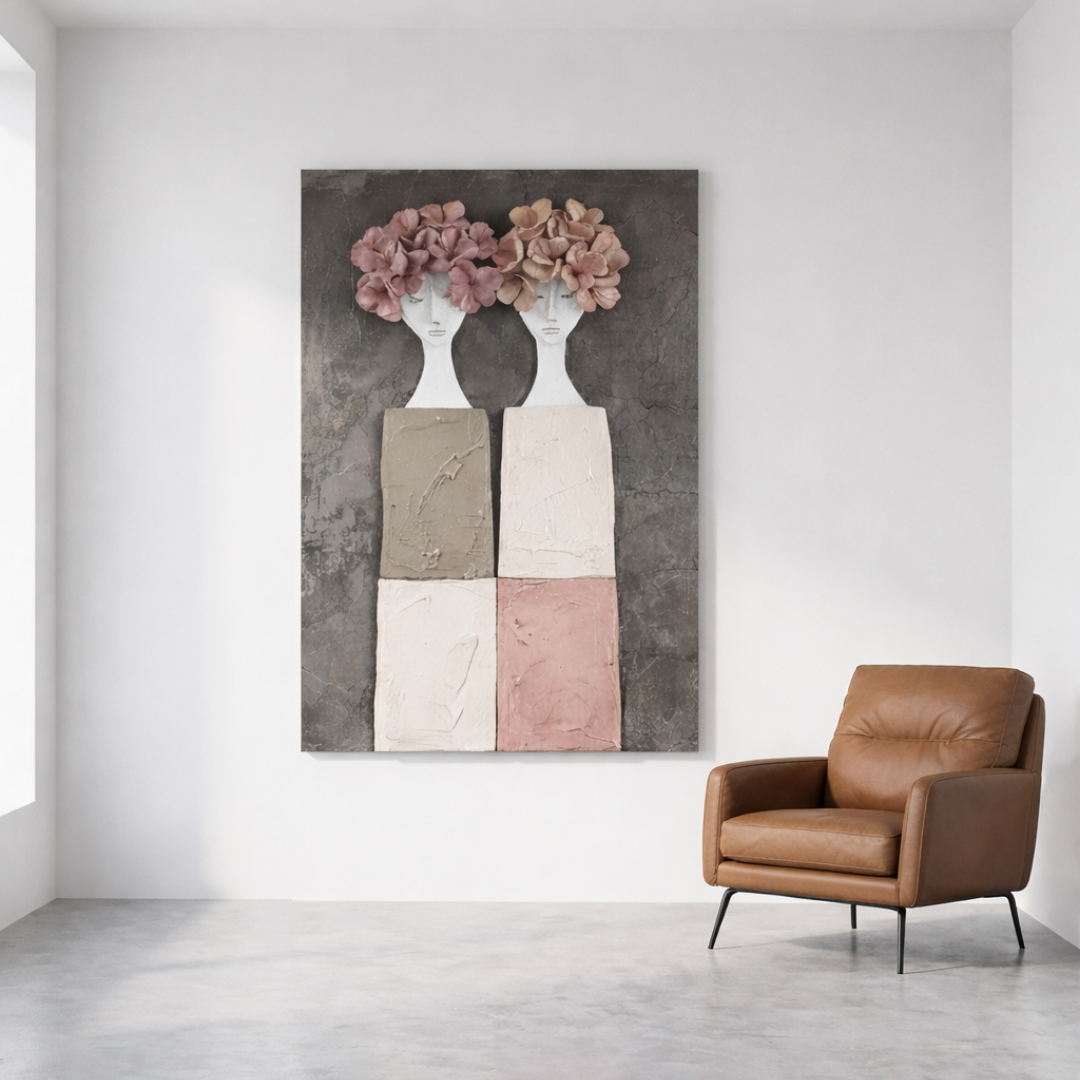 Large figurative floral canvas wall art featuring female forms in soft neutral tones styled in a modern living room
