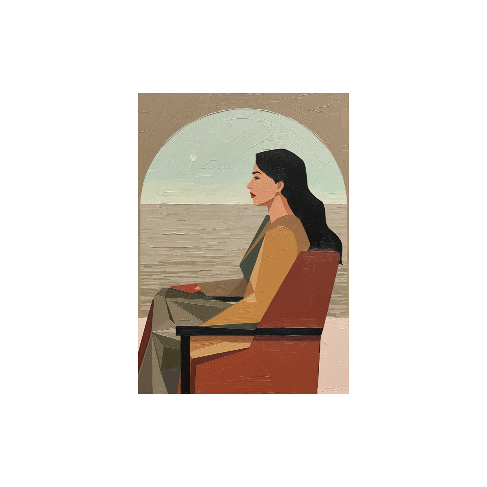 Minimalist coastal wall art canvas titled Arc of Stillness featuring seated female silhouette by the sea.
