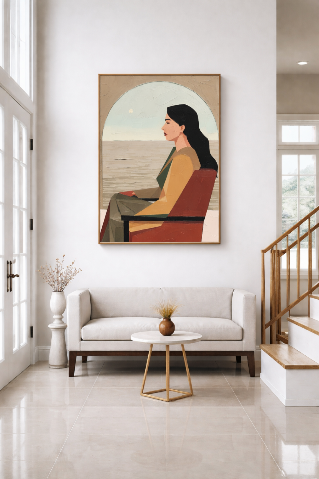 Living room with a large painting of a woman on the wall, a white sofa, and a small table.