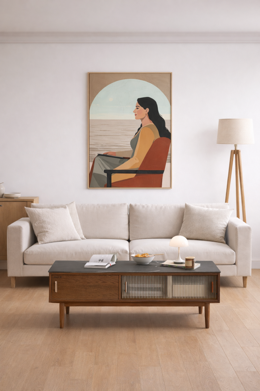 Arc of Stillness modern figurative canvas wall art displayed in warm neutral living room interior.