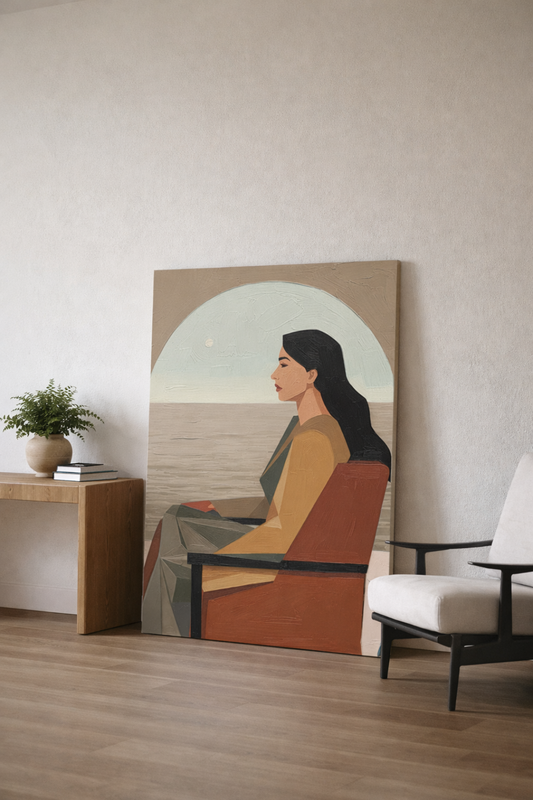 Arc of Stillness modern figurative canvas wall art displayed in warm neutral living room interior.