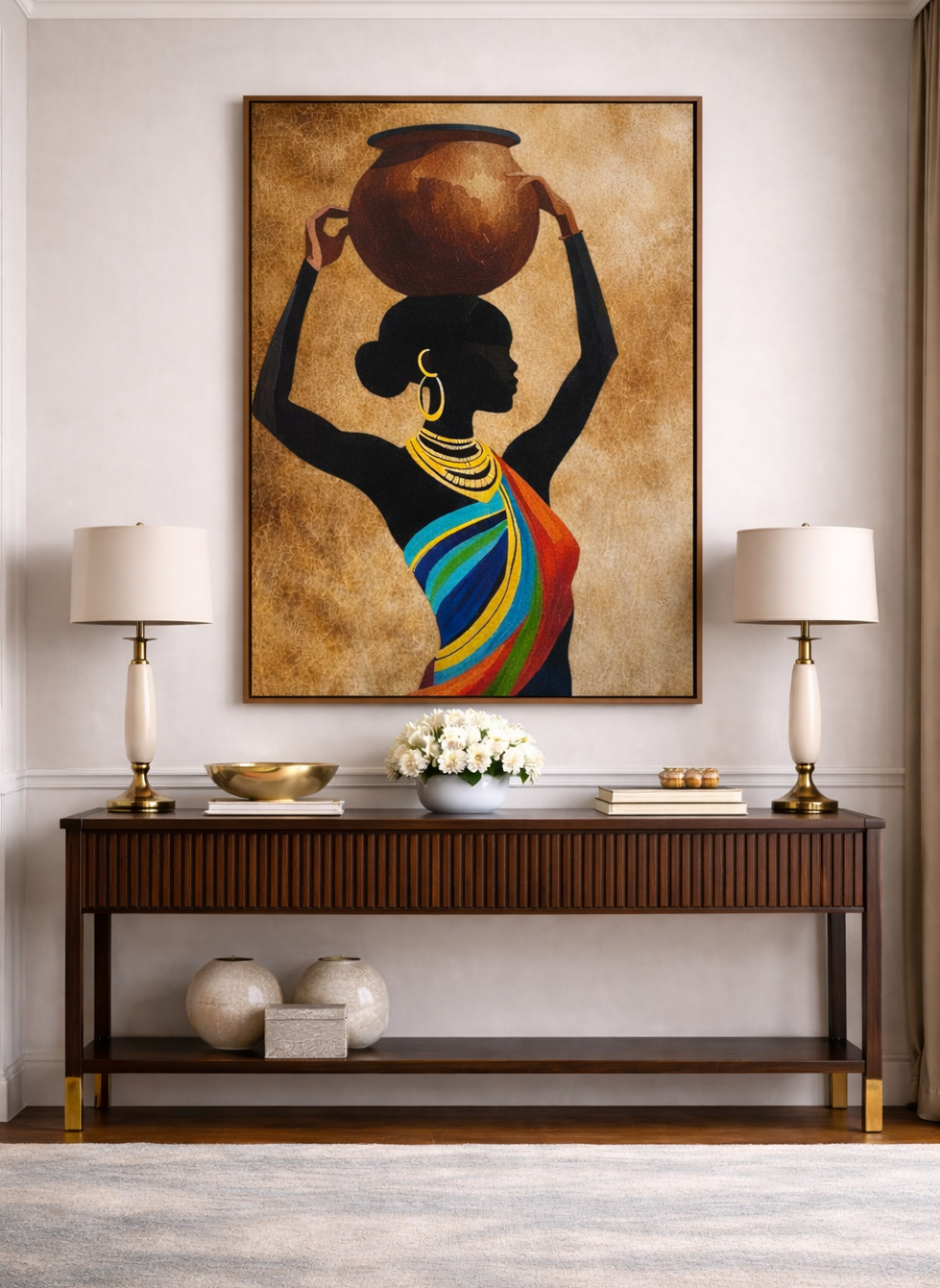 Her Strength African silhouette wall art displayed above console in luxury neutral living room