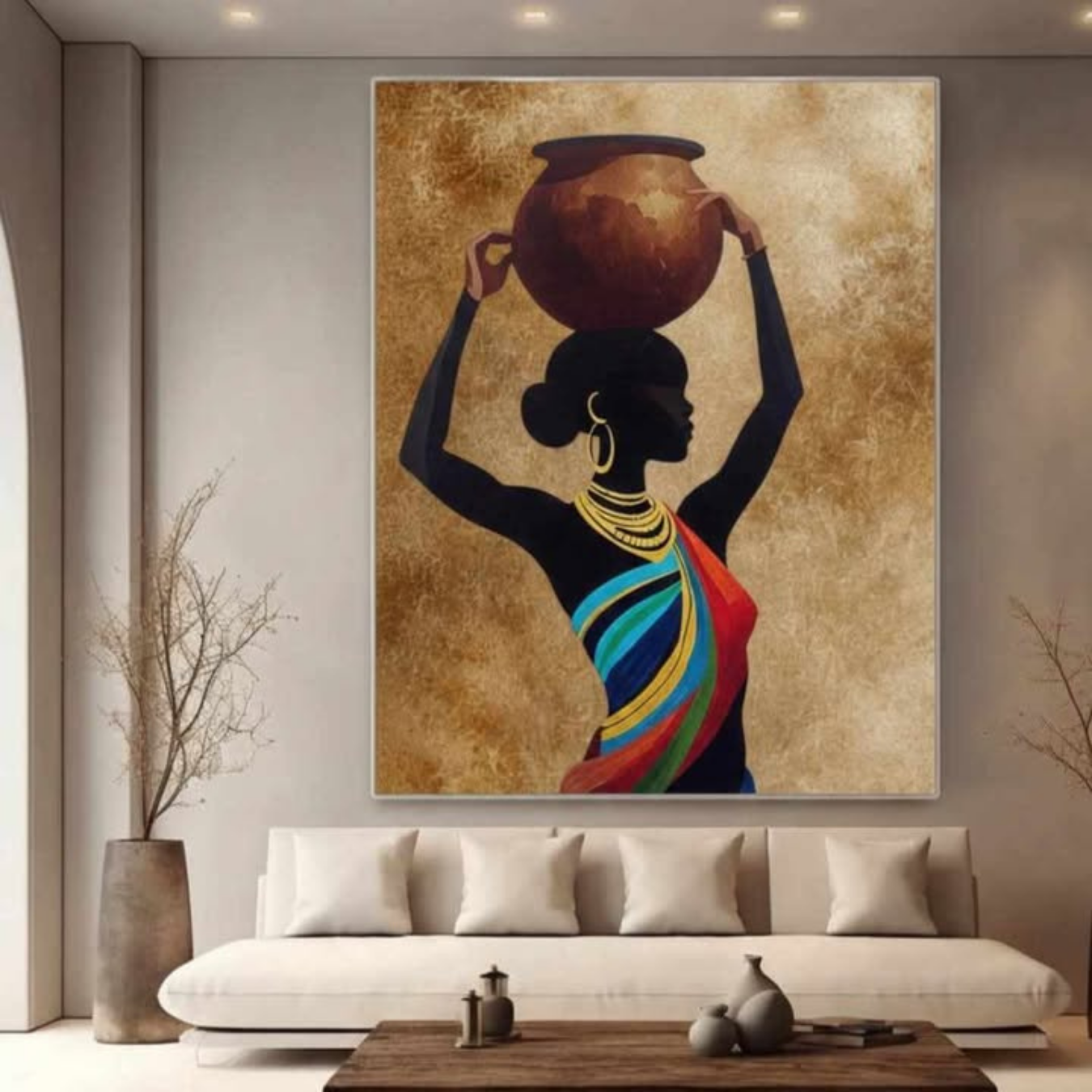 Oversized African inspired wall art canvas above modern beige sofa