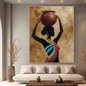 Oversized African inspired wall art canvas above modern beige sofa