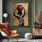 Large African woman canvas art on dark green wall in modern interior setting