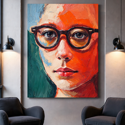 Large abstract portrait canvas wall art featuring a modern face with bold brushstrokes and contrasting colors styled in a living room
