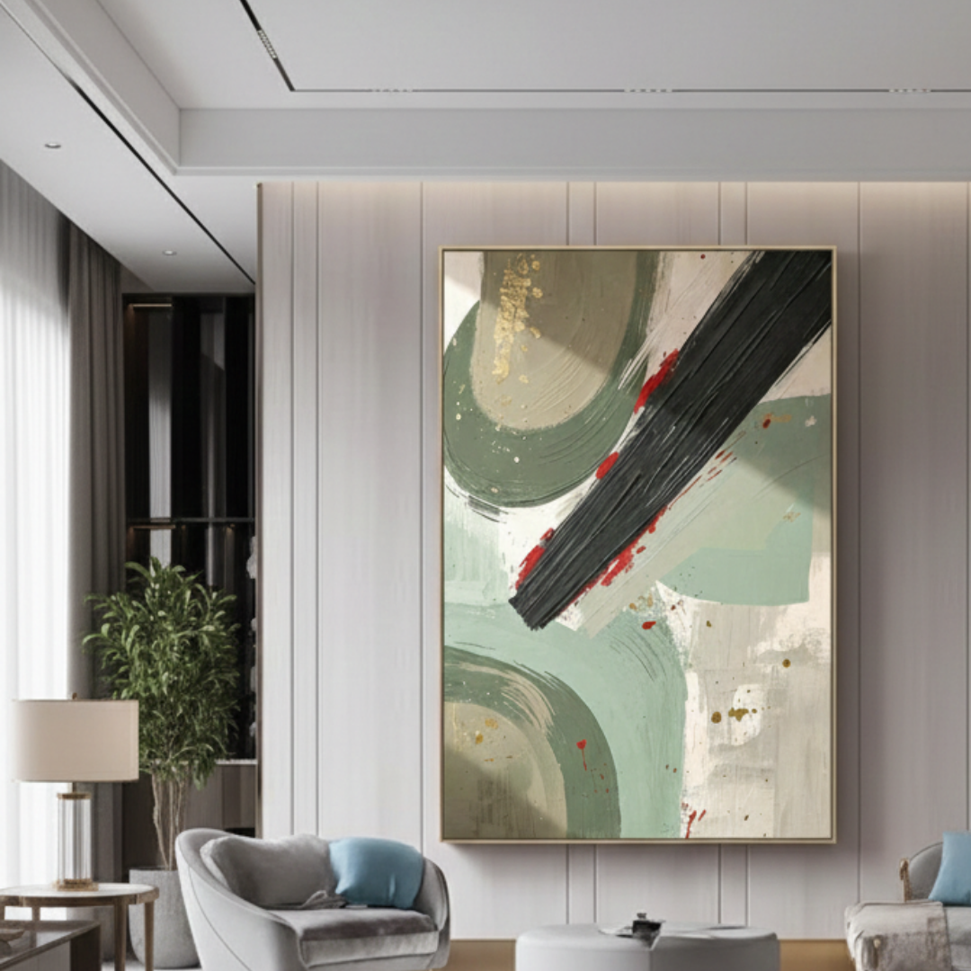 Large abstract sage green canvas wall art displayed in a modern luxury living room interior
