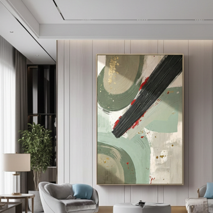 Large abstract sage green canvas wall art displayed in a modern luxury living room interior

