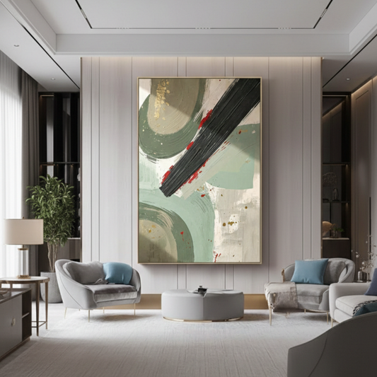 Large abstract sage green canvas wall art displayed in a modern luxury living room interior