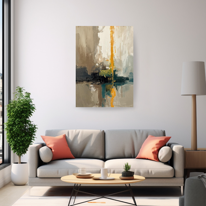 Large contemporary abstract canvas wall art featuring neutral tones with a bold vertical accent, styled above a modern living room sofa
