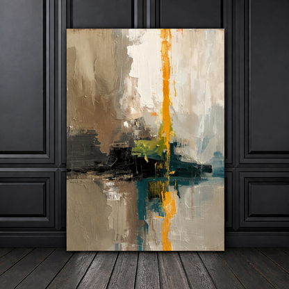 Large contemporary abstract canvas wall art featuring neutral tones with a bold vertical accent, styled on a modern living room floor
